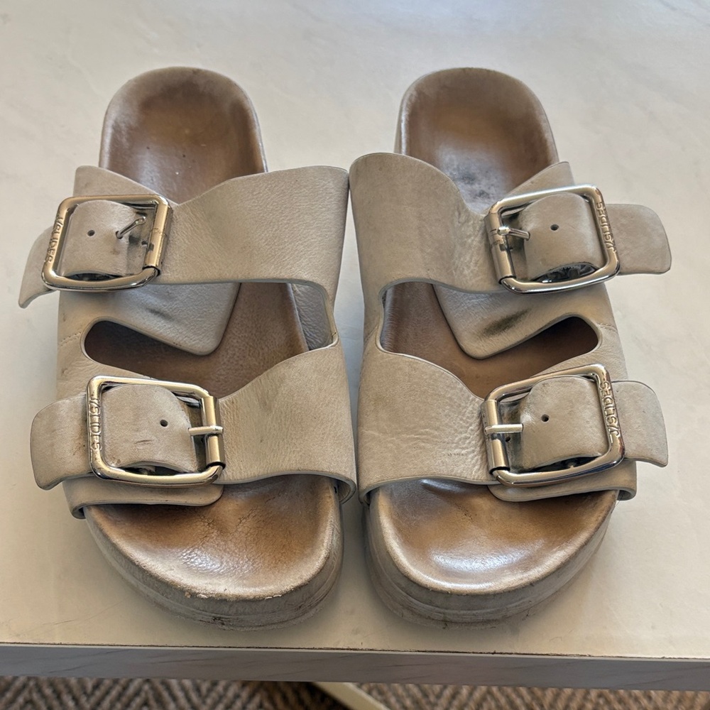 J Slides Gray Buckle Sandals